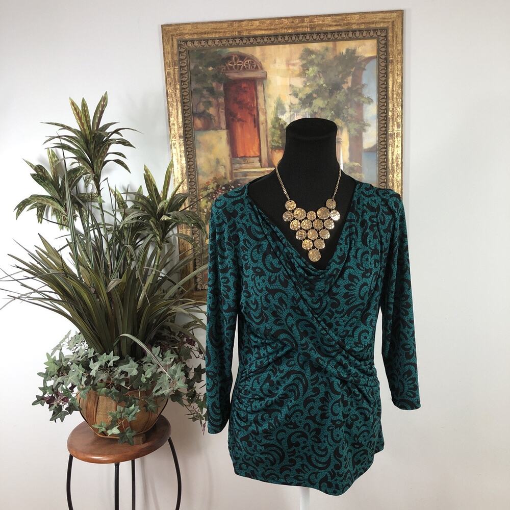 New & York Company Stretch Blouse M Teal Black Damask Long Sleeve Ruched‎ Wrap